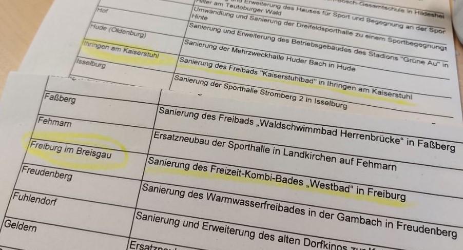 Das Foto zeigt einen Ausschnitt aus der Förderliste für die Sanierung kommunaler Einrichtungen. Die Projekte in Freiburg und in Ihringen sind gelb markiert.