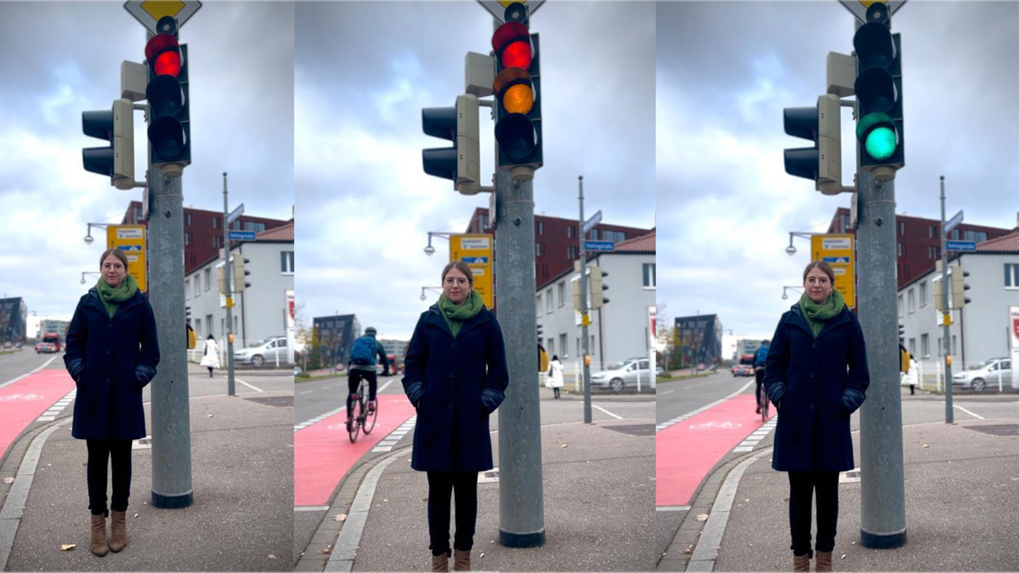 Das Bild zeigt drei Fotos von Chantal Kopf, die unter einer Verkehrsampel steht. Die Ampel zeigt einmal Rot, einmal Rot-Gelb und einmal Grün.